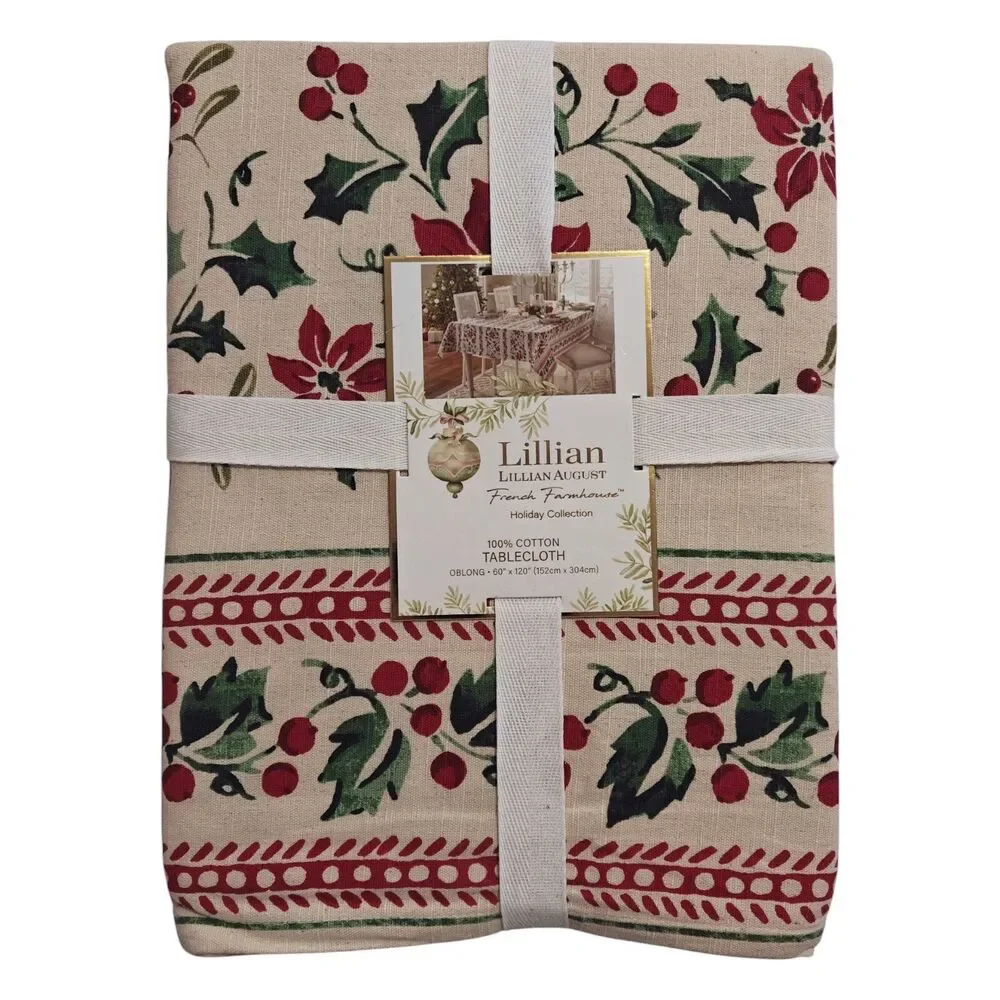 New Lillian August Cotton Tablecloth Holly Christmas Tan 60